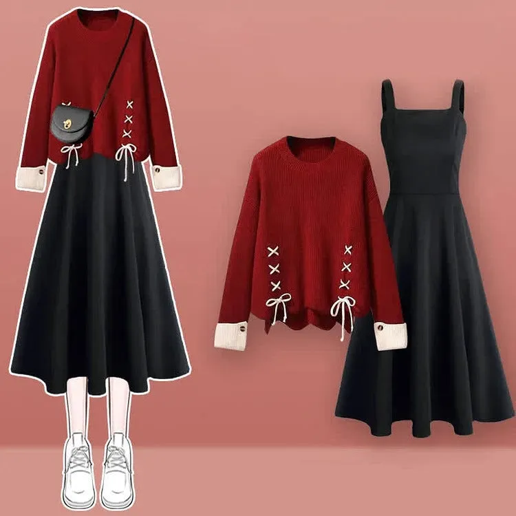 Classic Elegance: Preppy Round Collar Sweater Dress Set