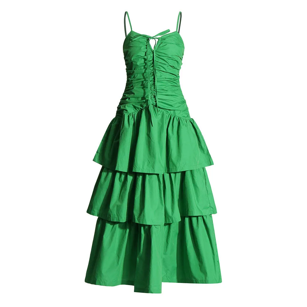 Classy Tie Neck Ruched Drop Waist Smocked Ruffle Layered Midi Sundress