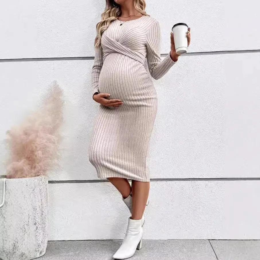 Comfy Crisscross Ribbed Maternity Knit Dress for Casual Wear