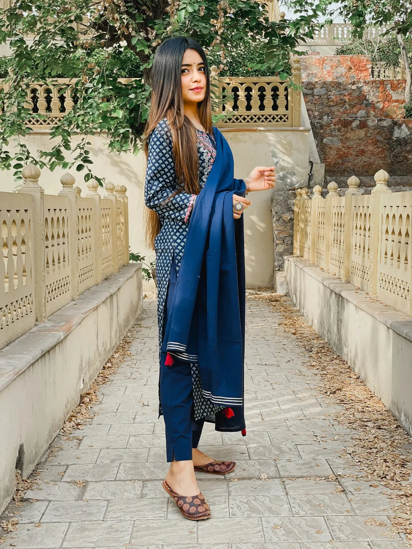 Coton Blue Printed and Embellished Suit Set with Dupatta