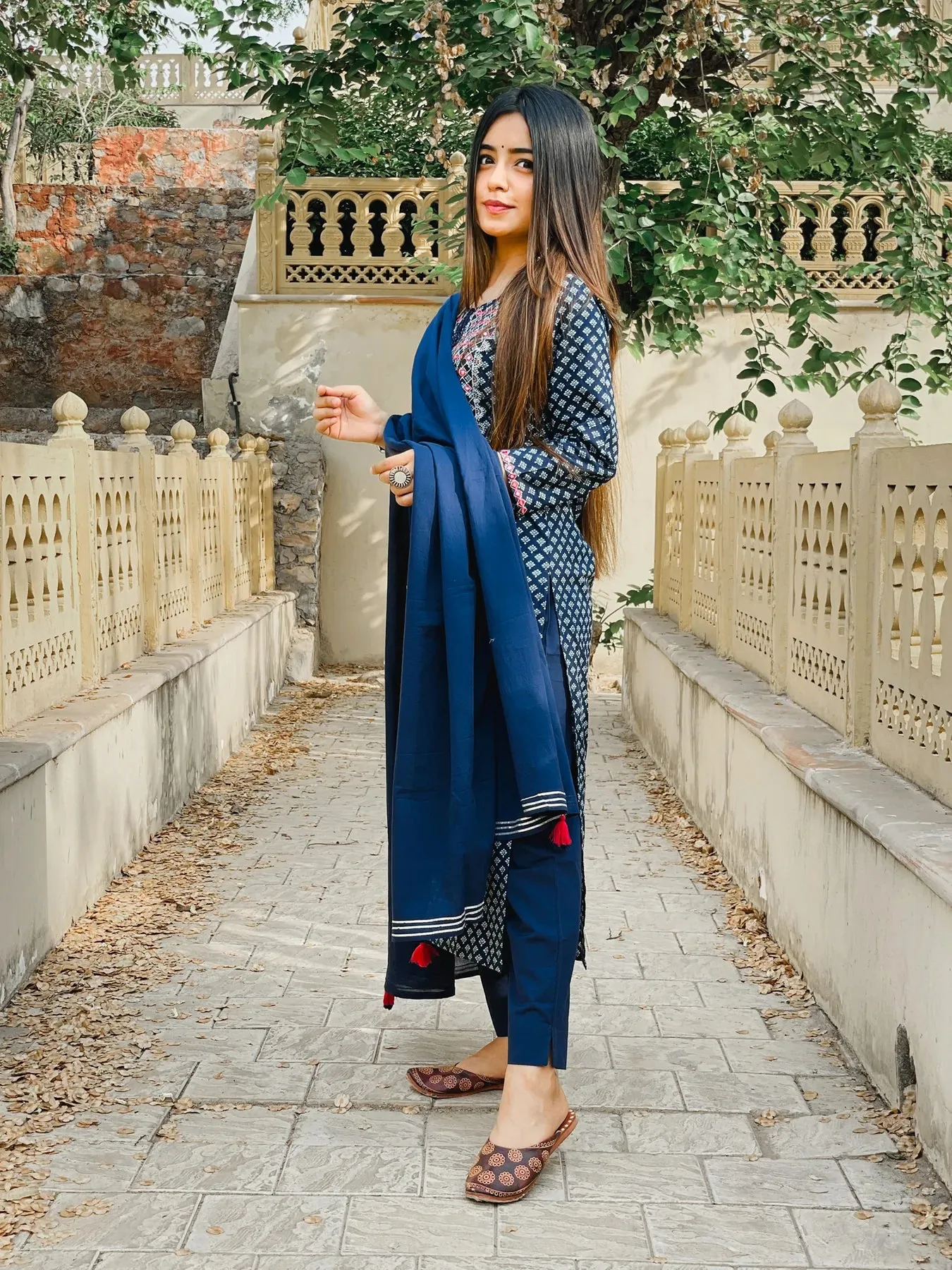 Coton Blue Printed and Embellished Suit Set with Dupatta