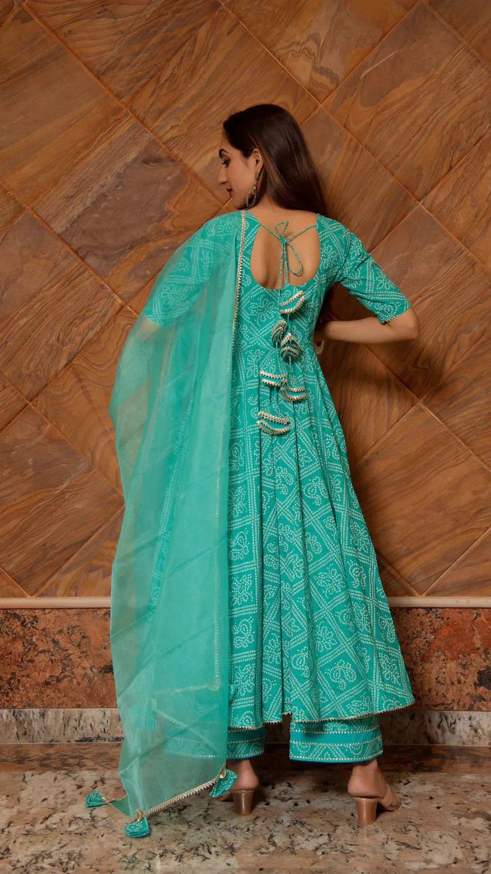 Cotton Blue Bandhej Print Anarkali Set with Organza Dupatta