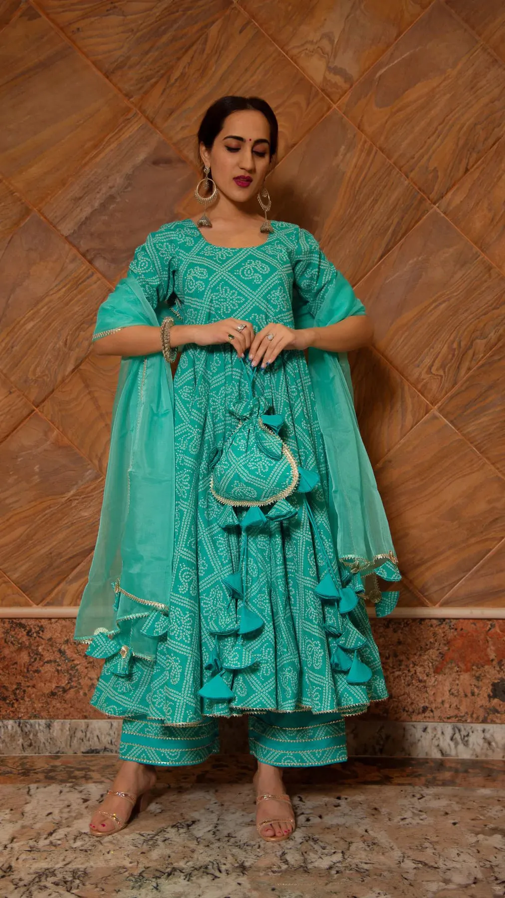 Cotton Blue Bandhej Print Anarkali Set with Organza Dupatta