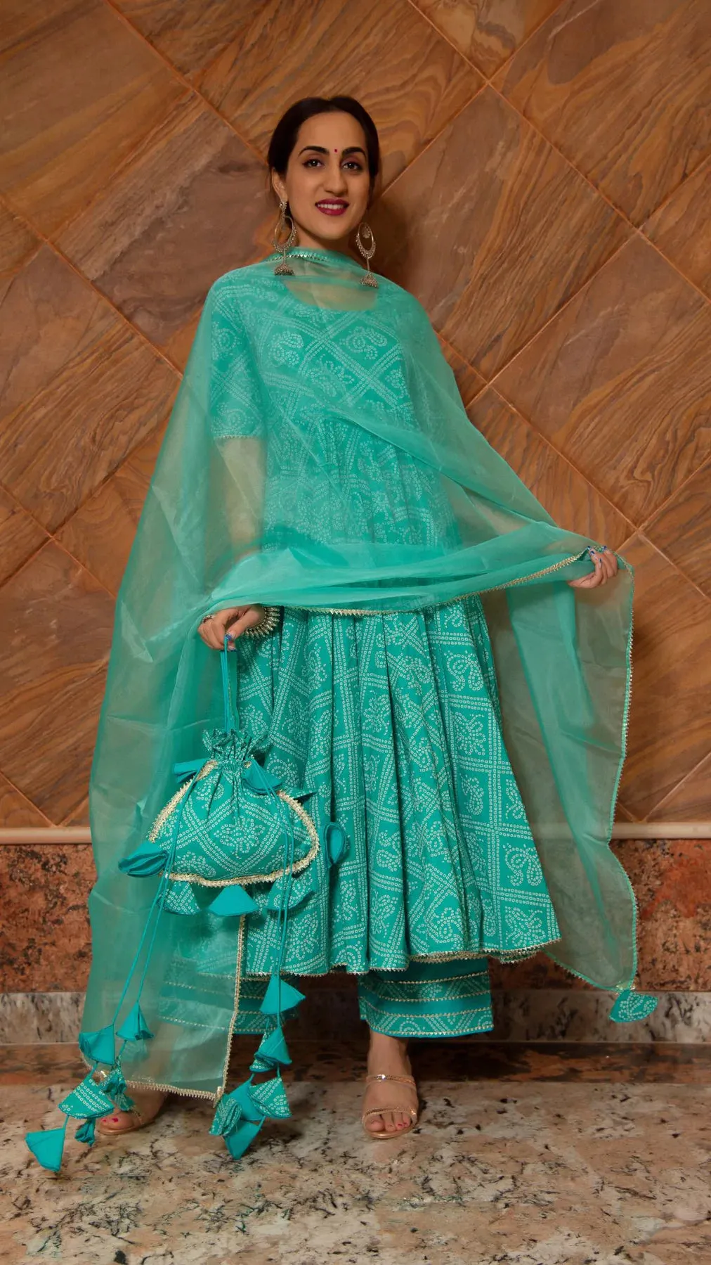 Cotton Blue Bandhej Print Anarkali Set with Organza Dupatta