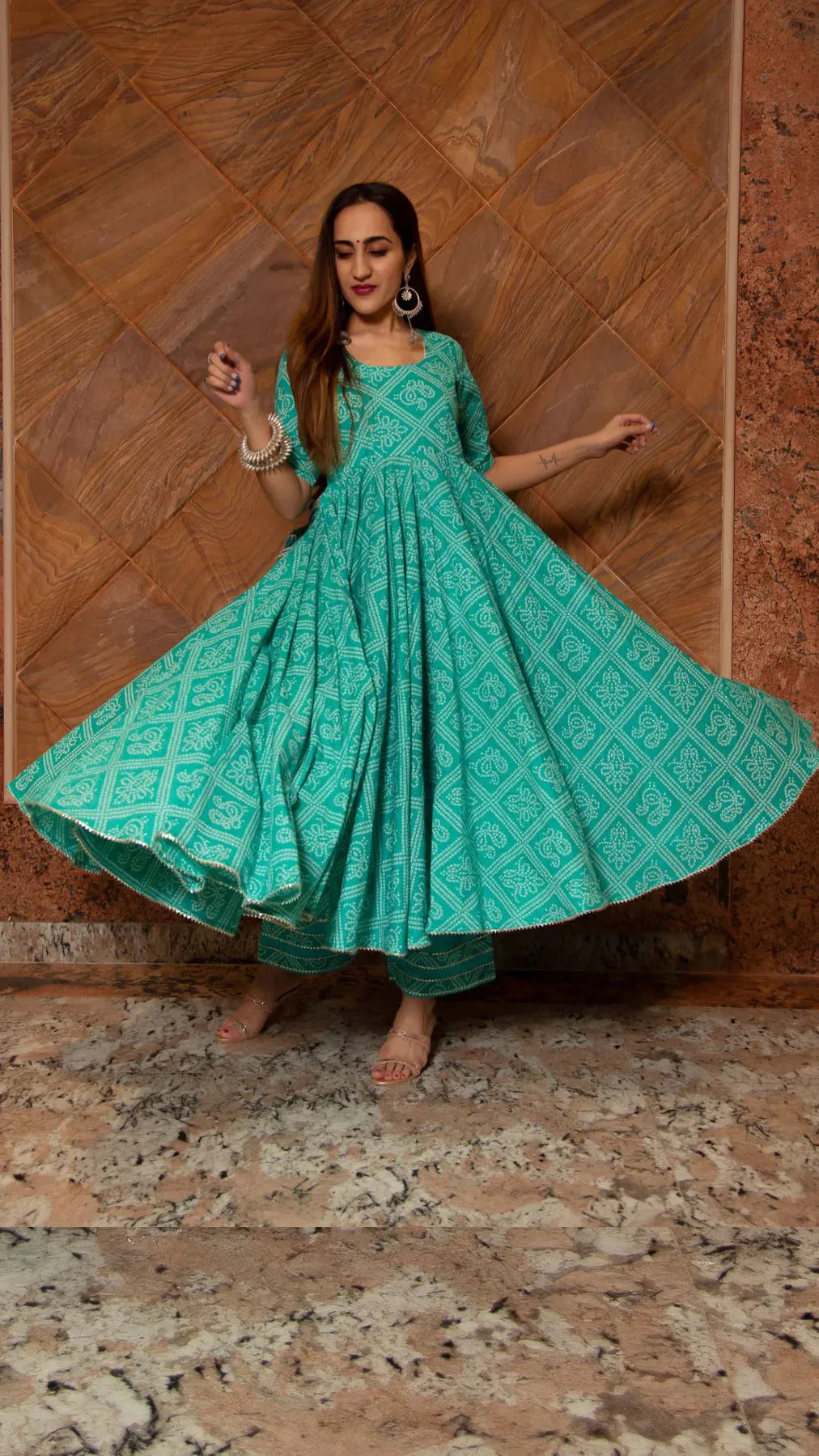 Cotton Blue Bandhej Print Anarkali Set with Organza Dupatta