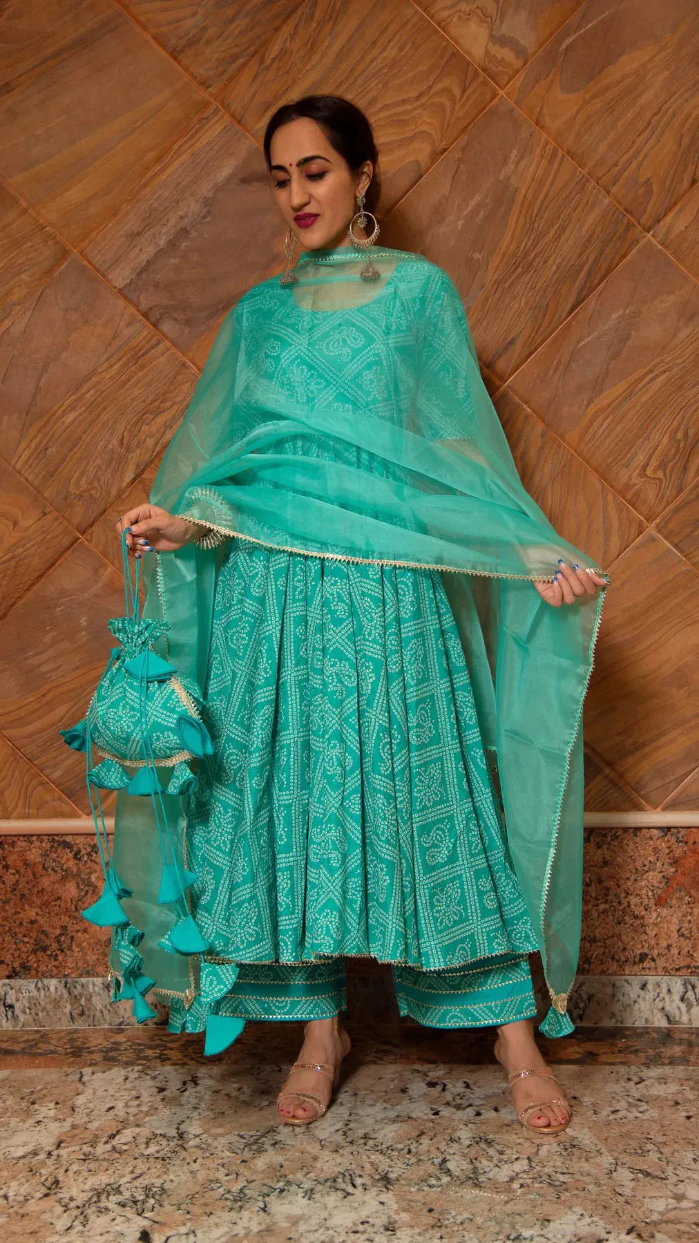 Cotton Blue Bandhej Print Anarkali Set with Organza Dupatta