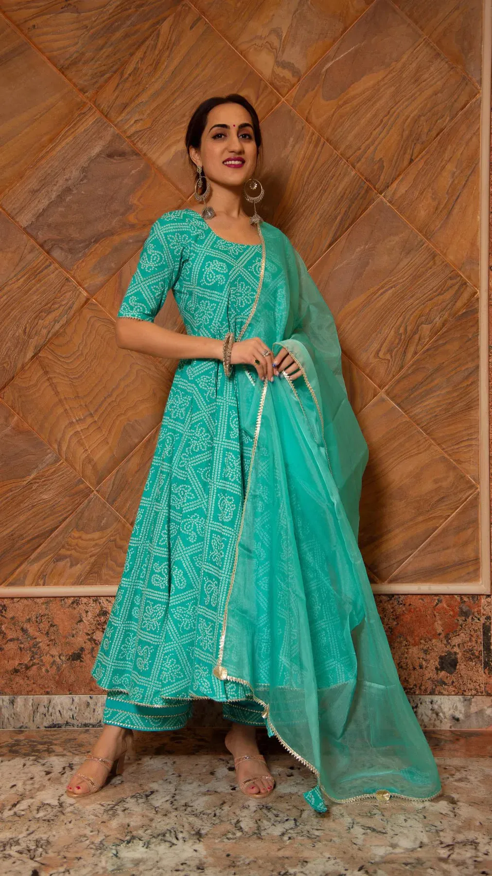 Cotton Blue Bandhej Print Anarkali Set with Organza Dupatta