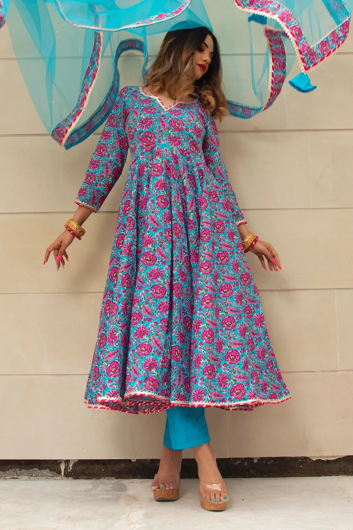 Cotton Blue Hand Block Print Anarkali Suit Set