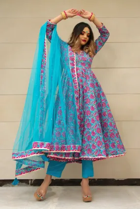 Cotton Blue Hand Block Print Anarkali Suit Set