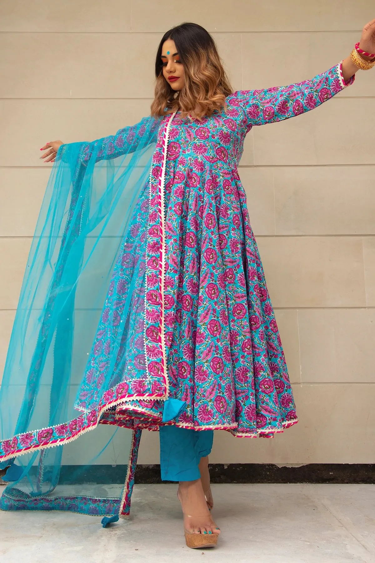 Cotton Blue Hand Block Print Anarkali Suit Set