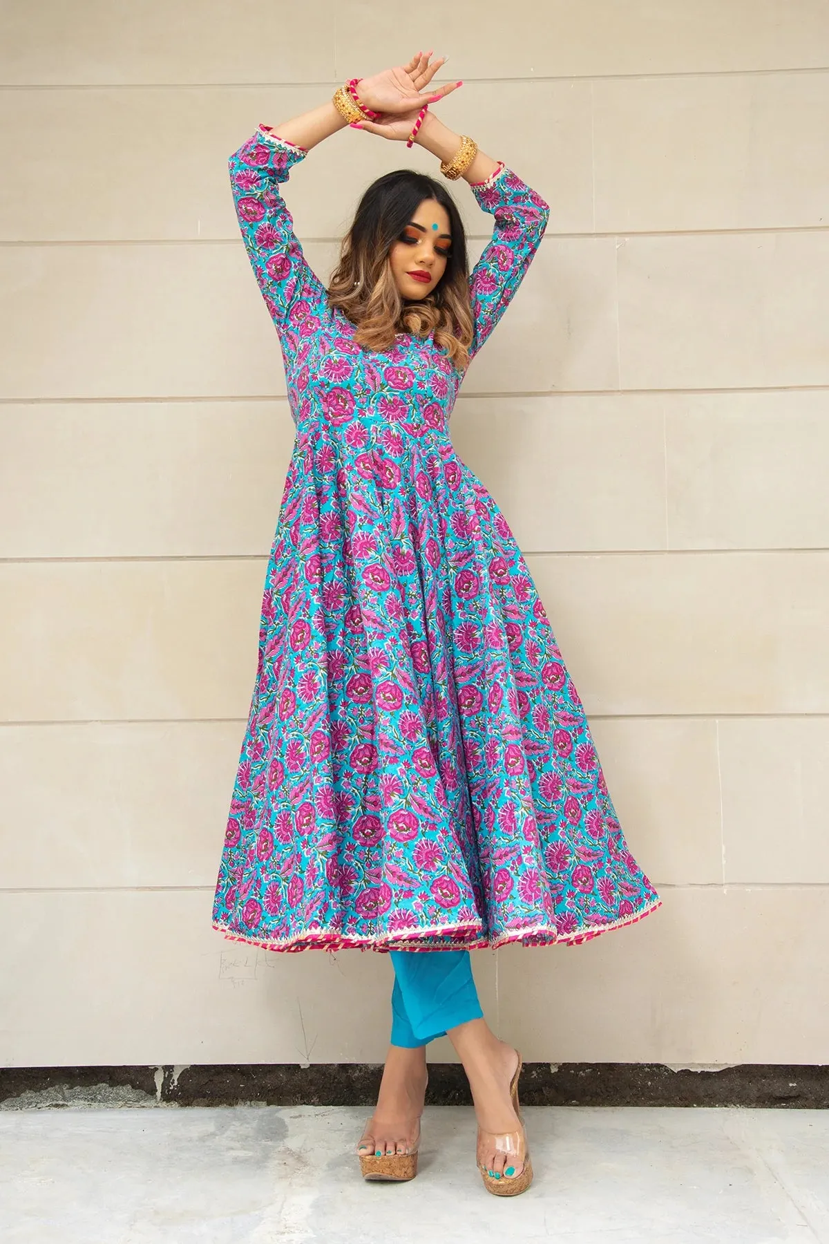 Cotton Blue Hand Block Print Anarkali Suit Set