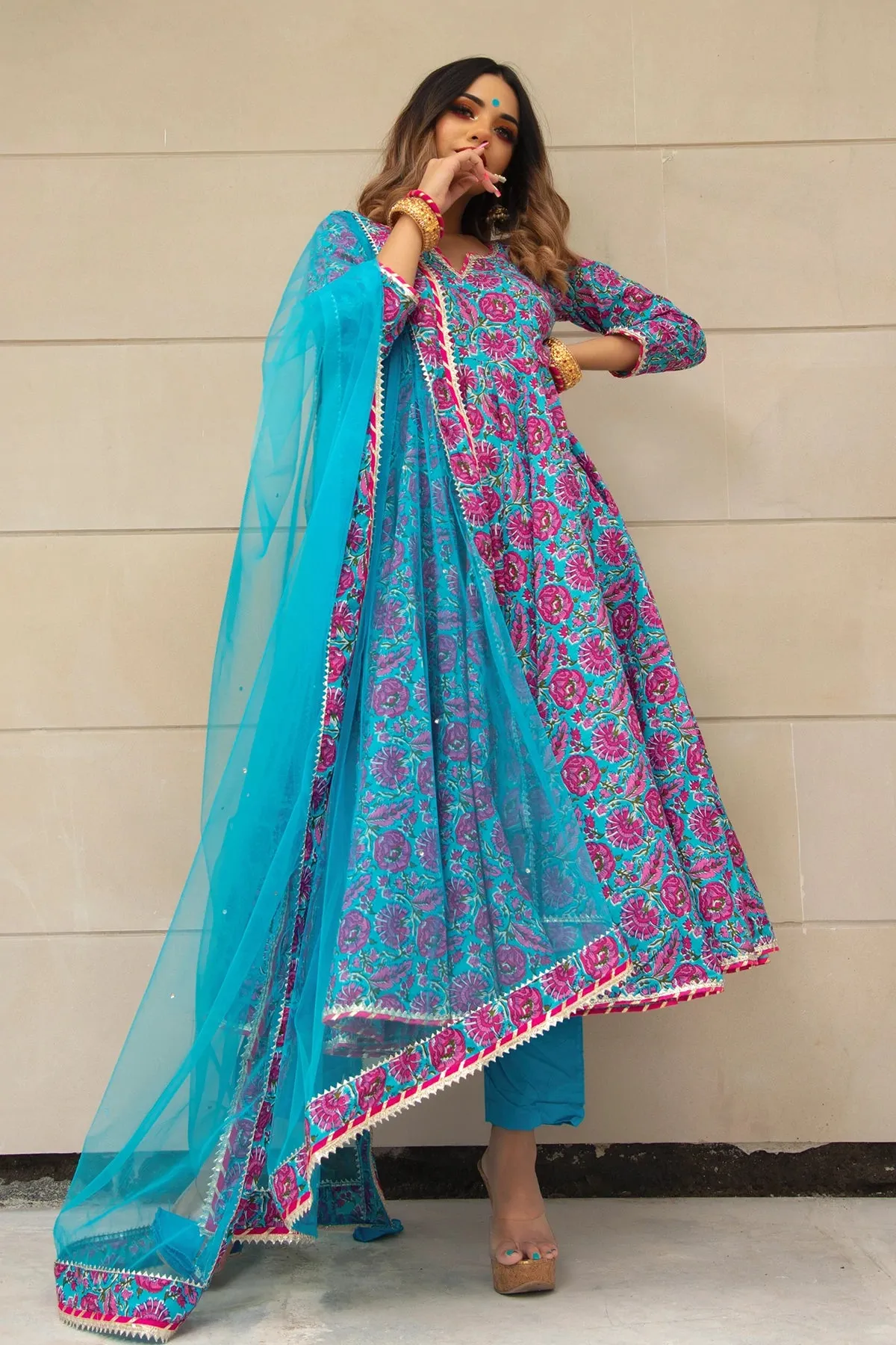 Cotton Blue Hand Block Print Anarkali Suit Set