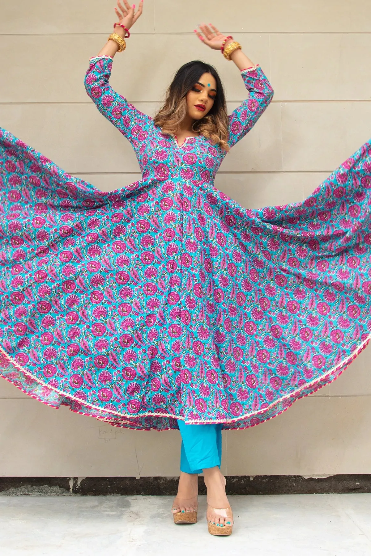 Cotton Blue Hand Block Print Anarkali Suit Set