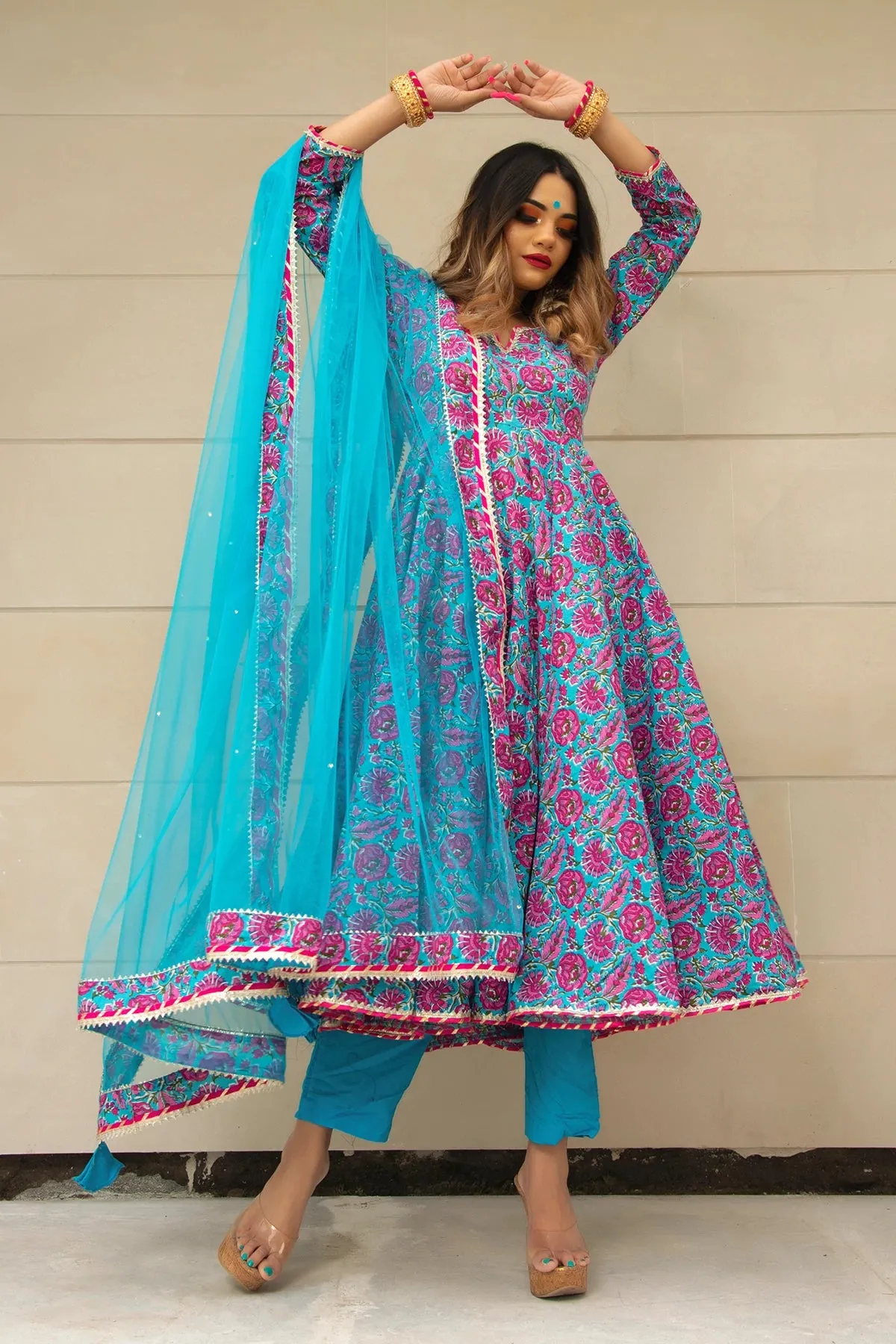 Cotton Blue Hand Block Print Anarkali Suit Set