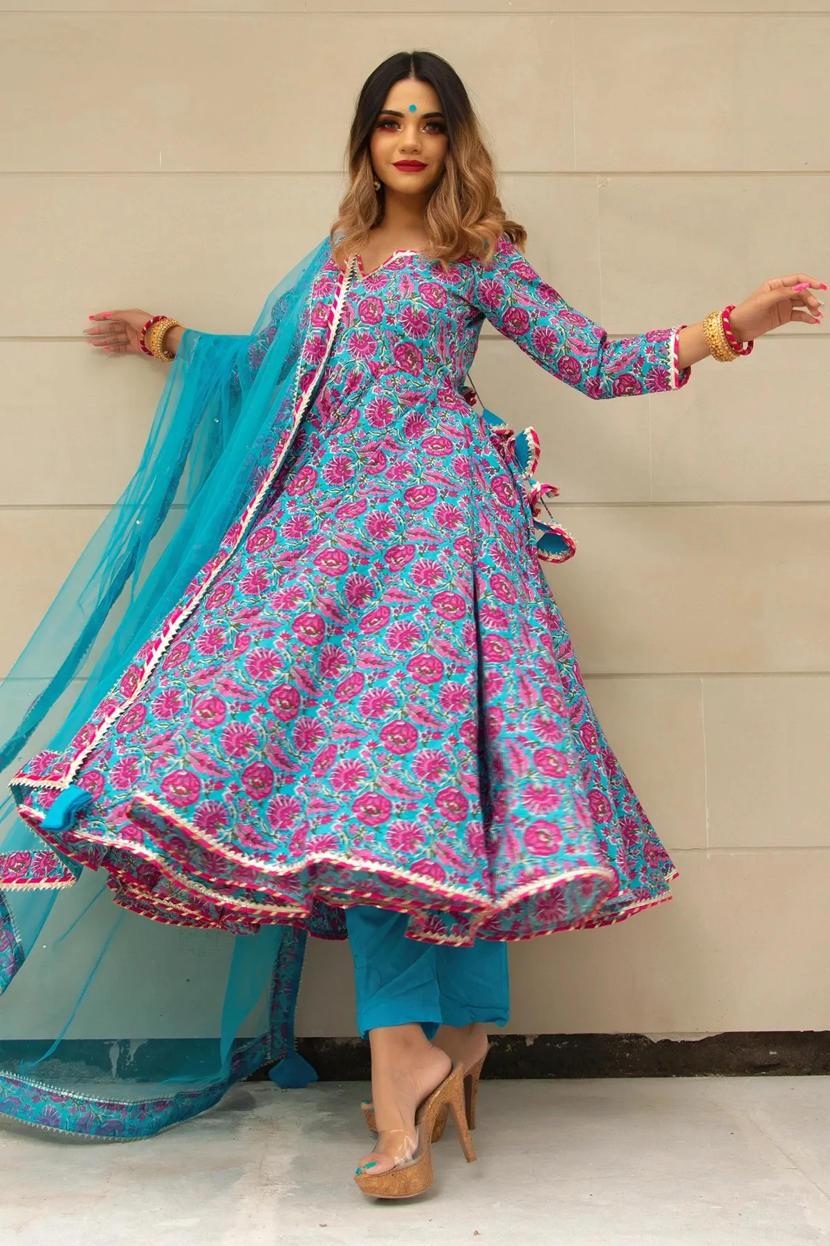 Cotton Blue Hand Block Print Anarkali Suit Set