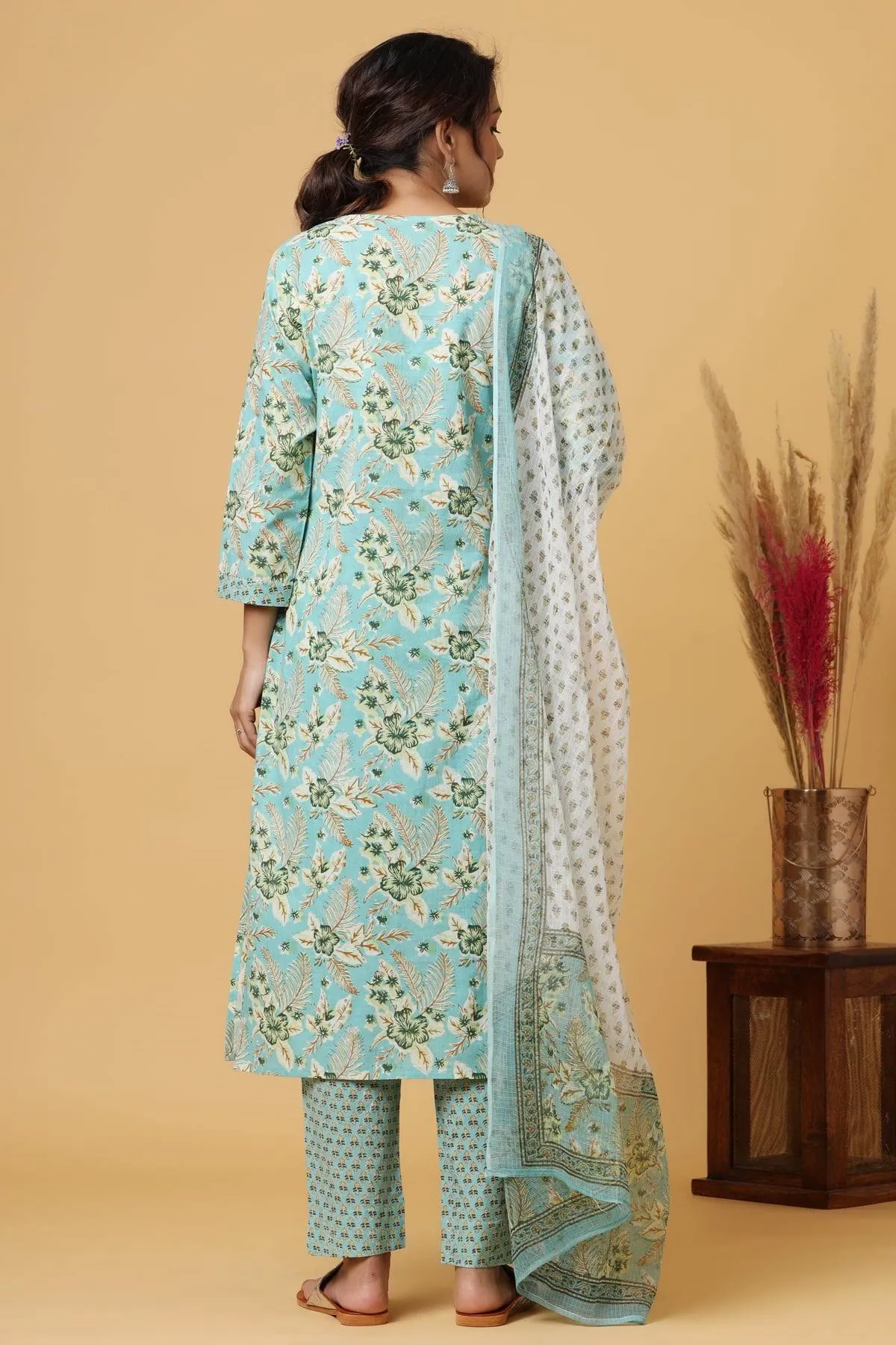 Cotton Green Floral Print Suit Set with Dupatta