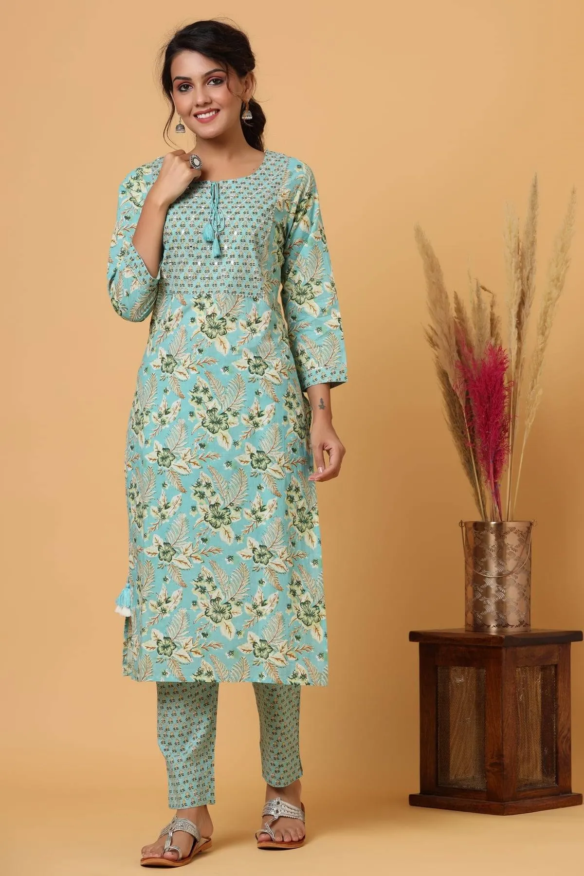 Cotton Green Floral Print Suit Set with Dupatta