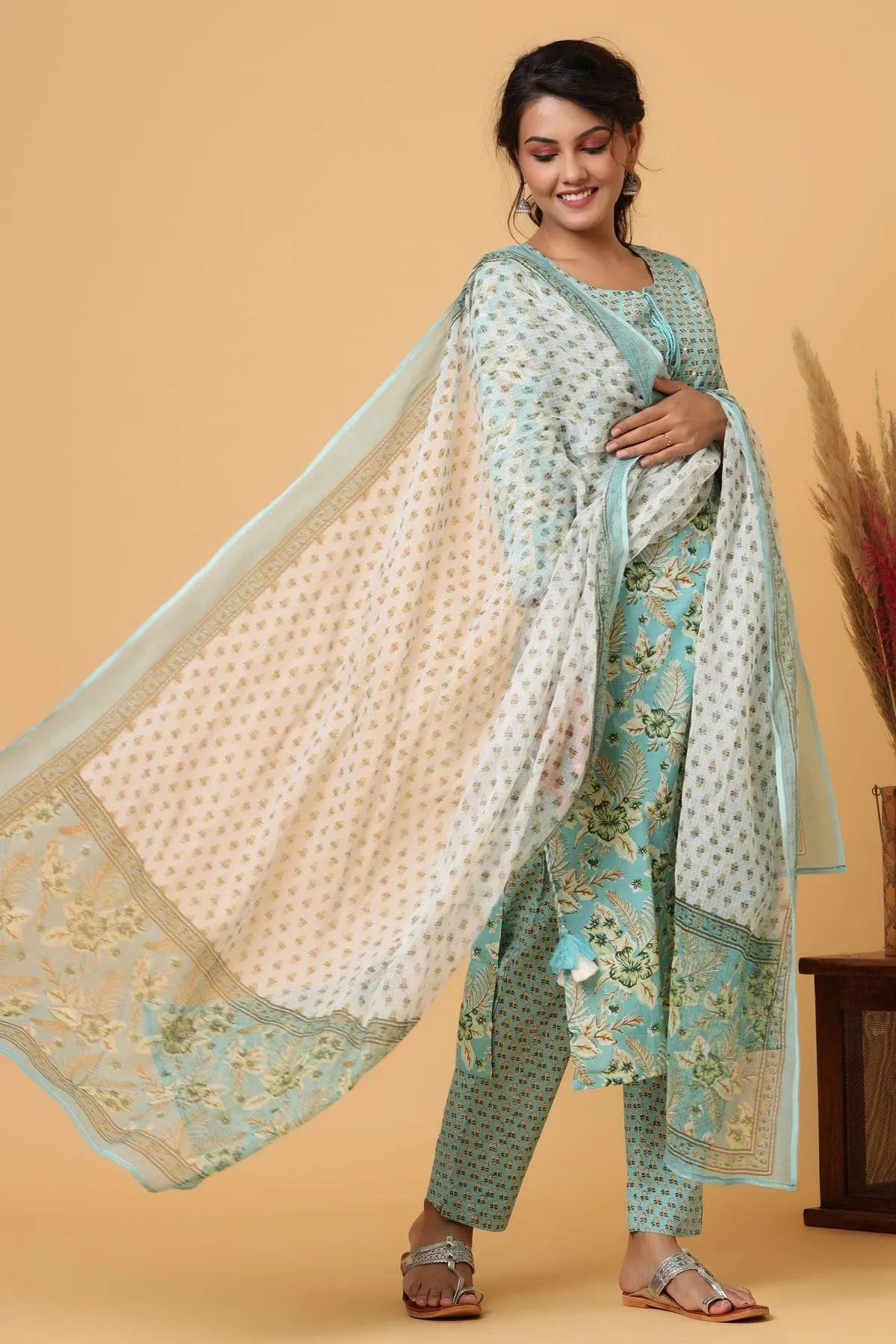 Cotton Green Floral Print Suit Set with Dupatta