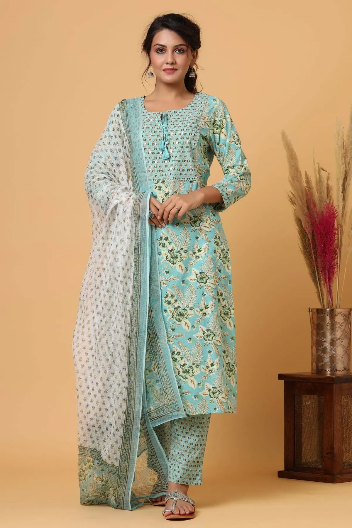 Cotton Green Floral Print Suit Set with Dupatta