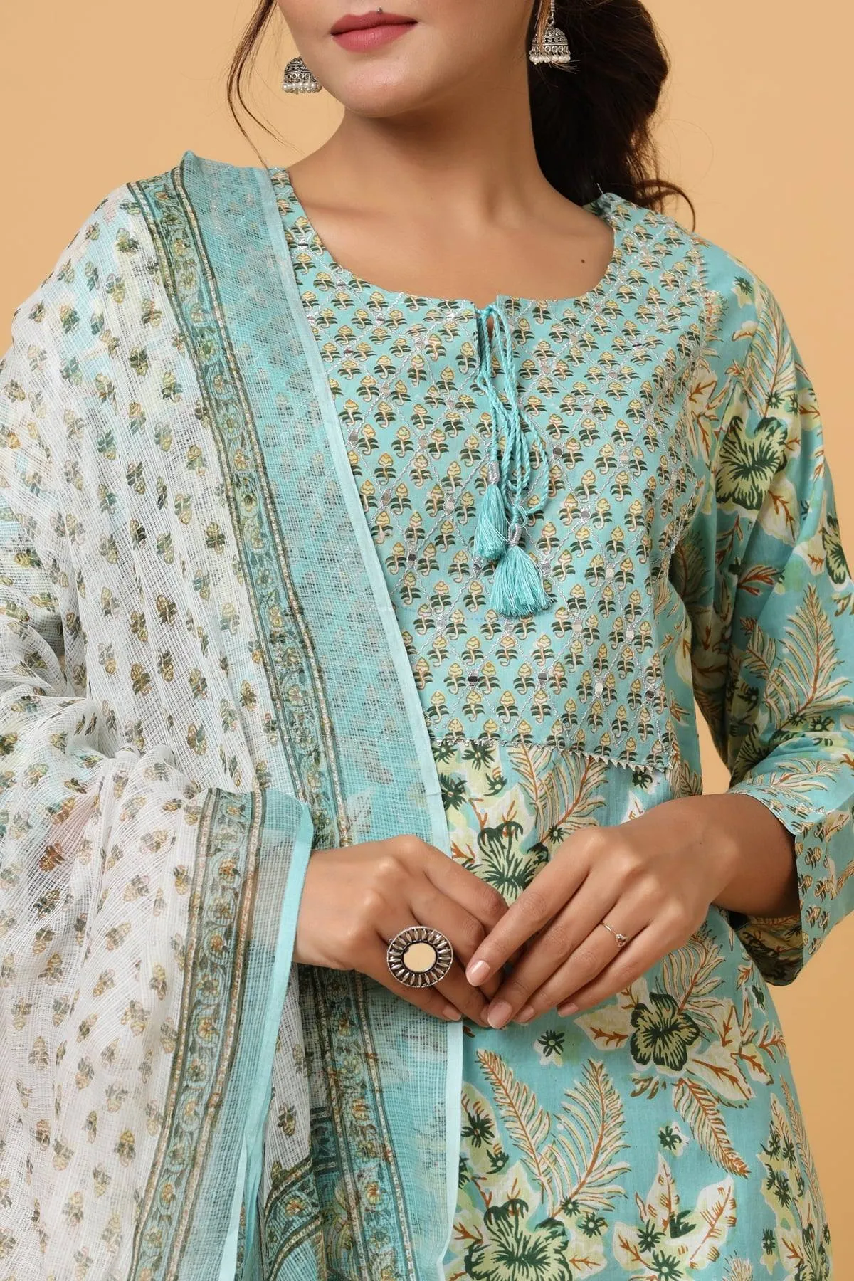 Cotton Green Floral Print Suit Set with Dupatta