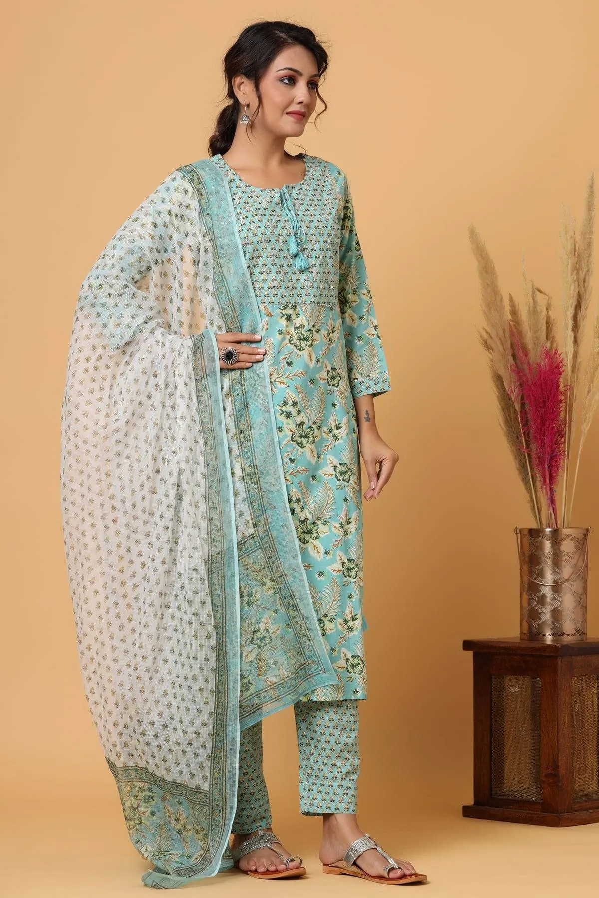 Cotton Green Floral Print Suit Set with Dupatta