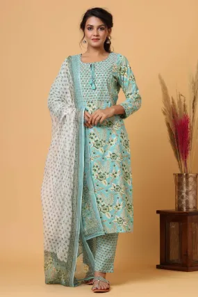 Cotton Green Floral Print Suit Set with Dupatta