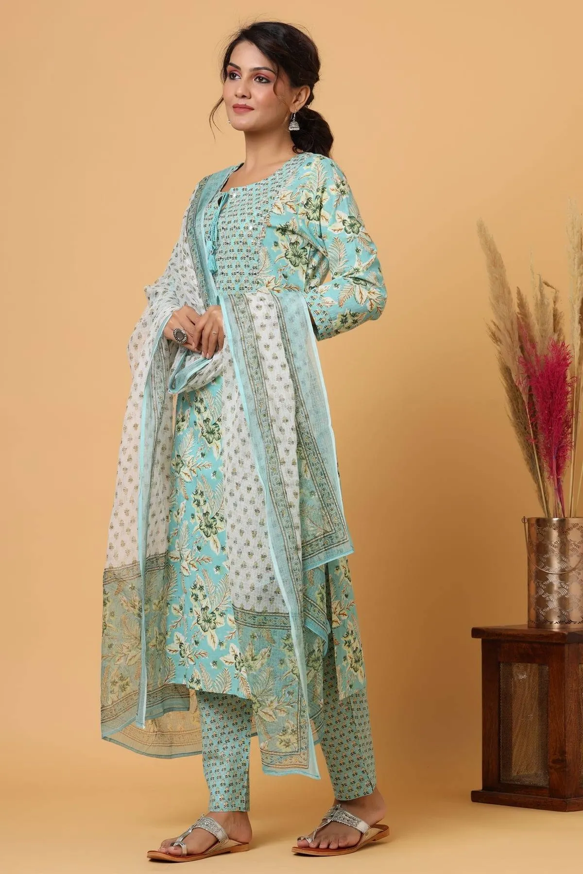 Cotton Green Floral Print Suit Set with Dupatta