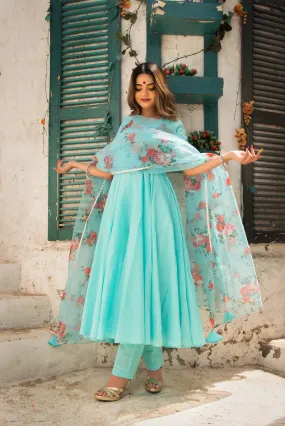 Cotton Light Blue Anarkali Suit Set