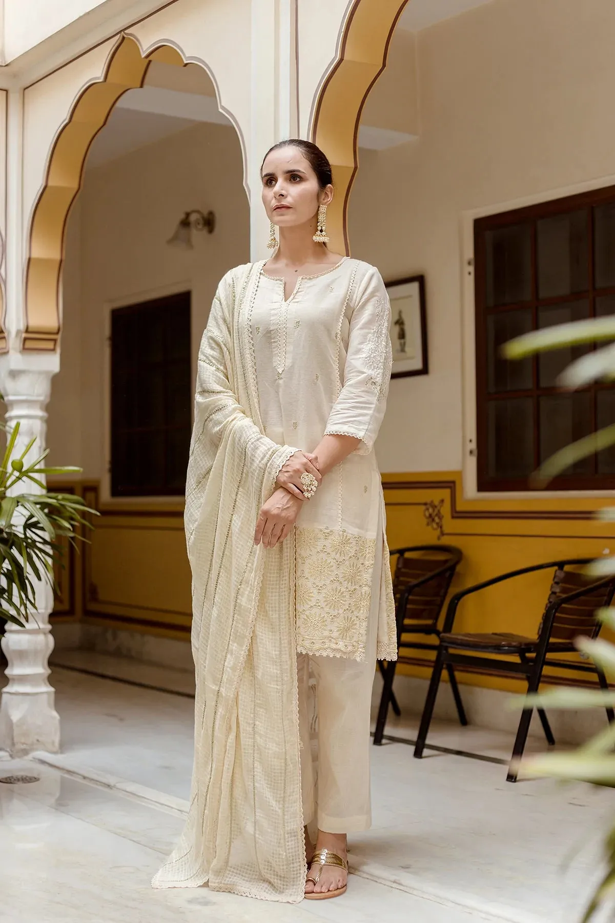 Cotton Off White Embroidered Suit Set with Doria Dupatta