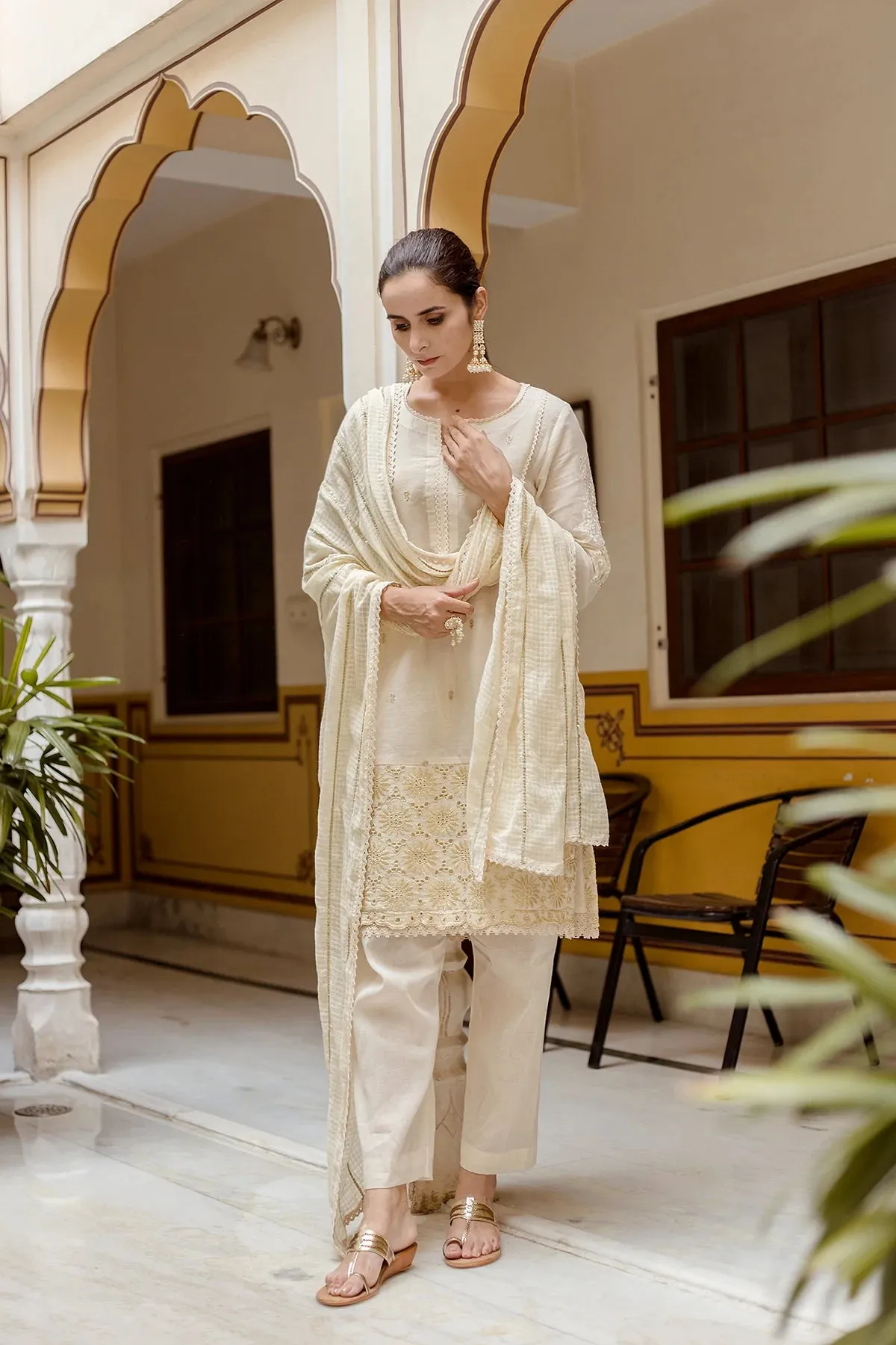 Cotton Off White Embroidered Suit Set with Doria Dupatta