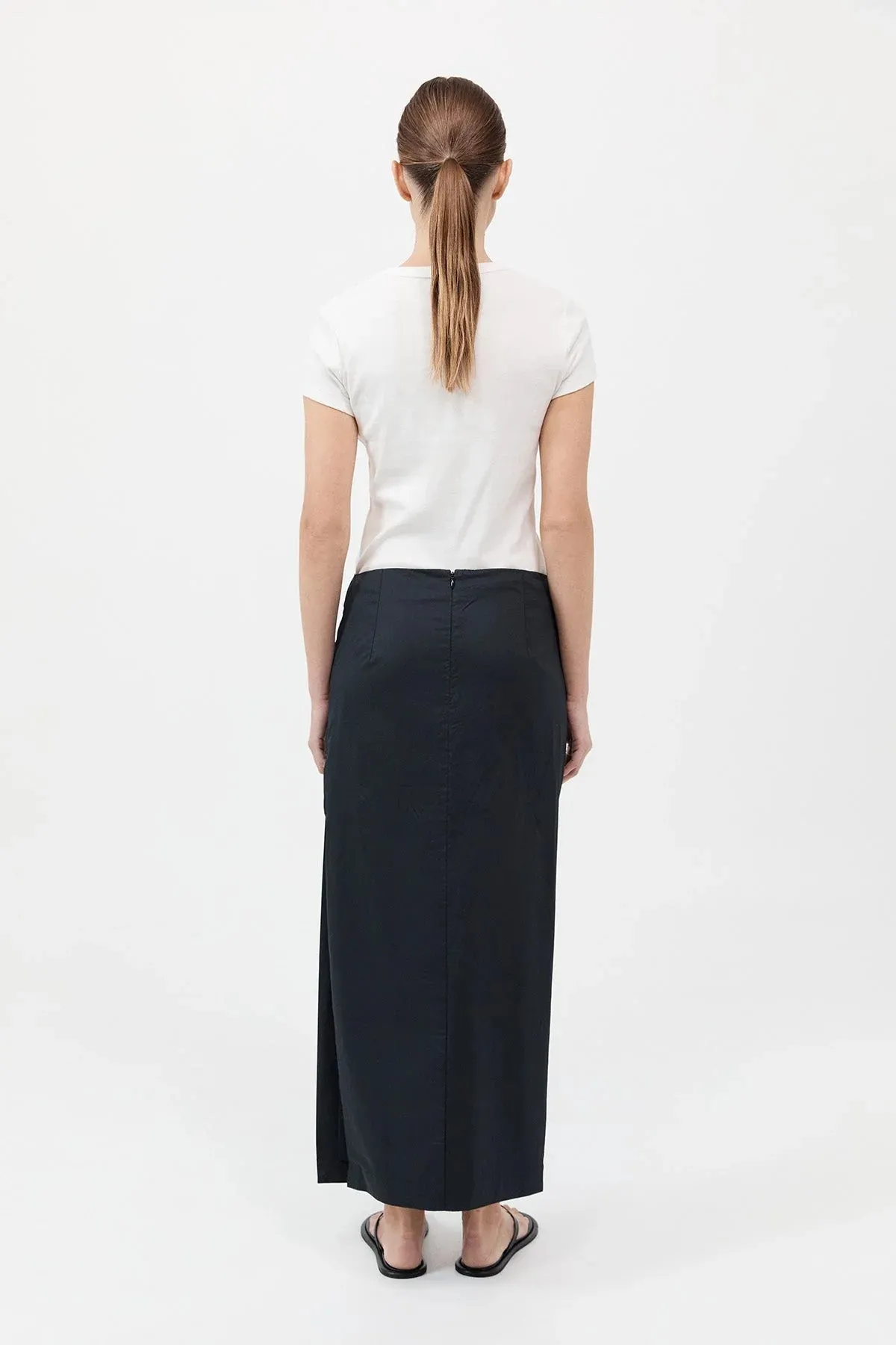 Cotton Tuck Midi Skirt Black