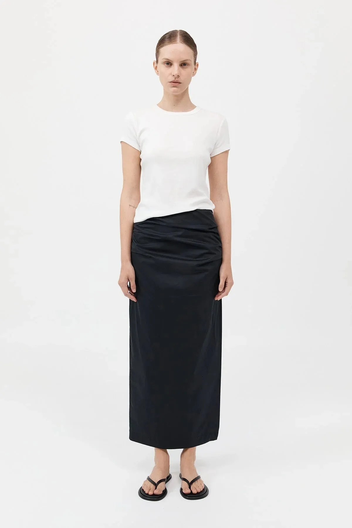 Cotton Tuck Midi Skirt Black