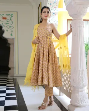 Cotton Yellow & Honey Sleeveless Hand Block Print Anarkali Kurta Set