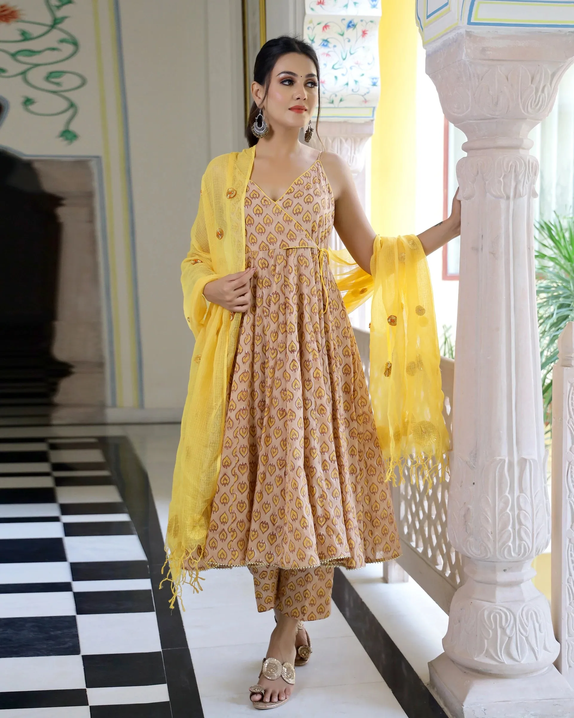 Cotton Yellow & Honey Sleeveless Hand Block Print Anarkali Kurta Set