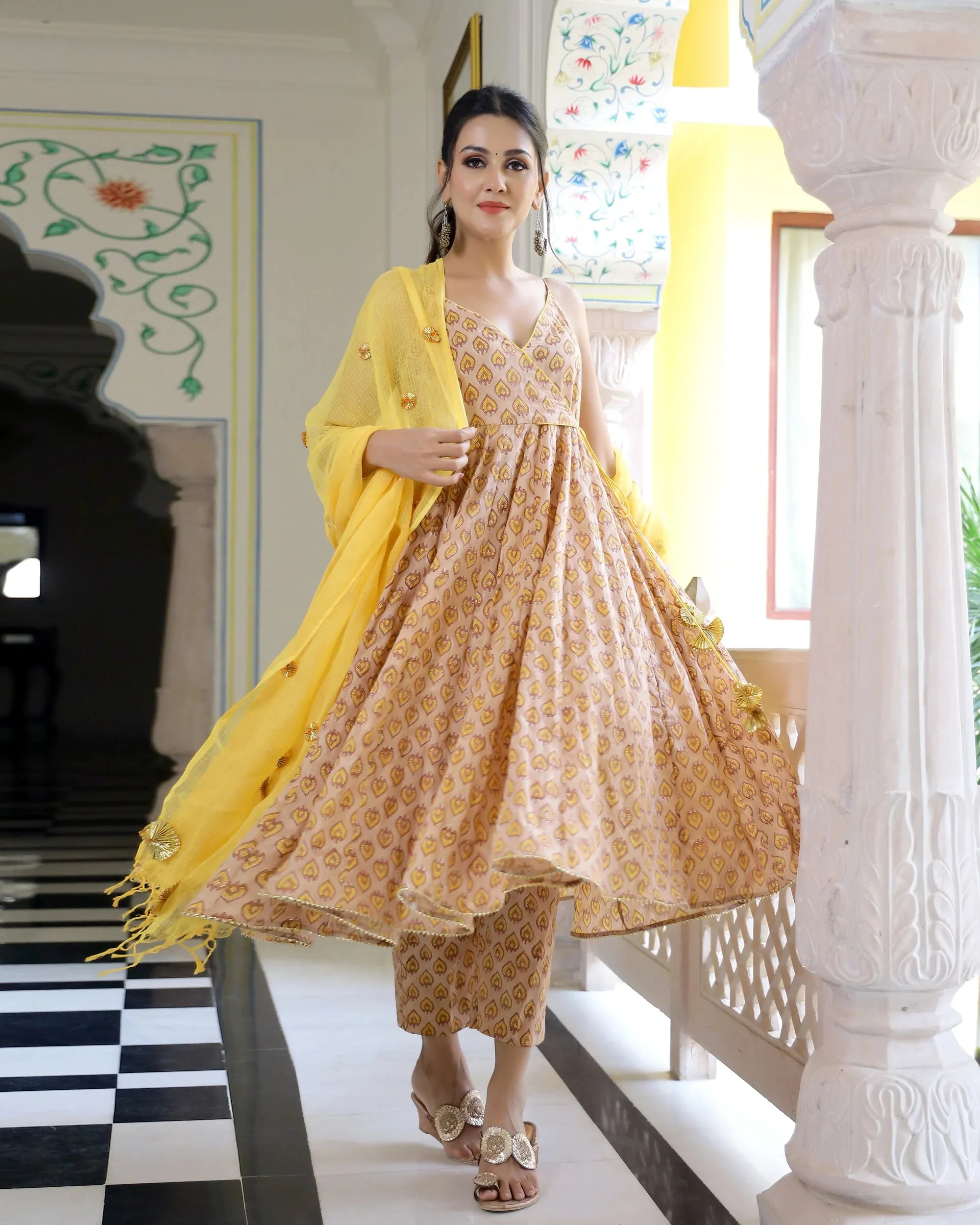 Cotton Yellow & Honey Sleeveless Hand Block Print Anarkali Kurta Set