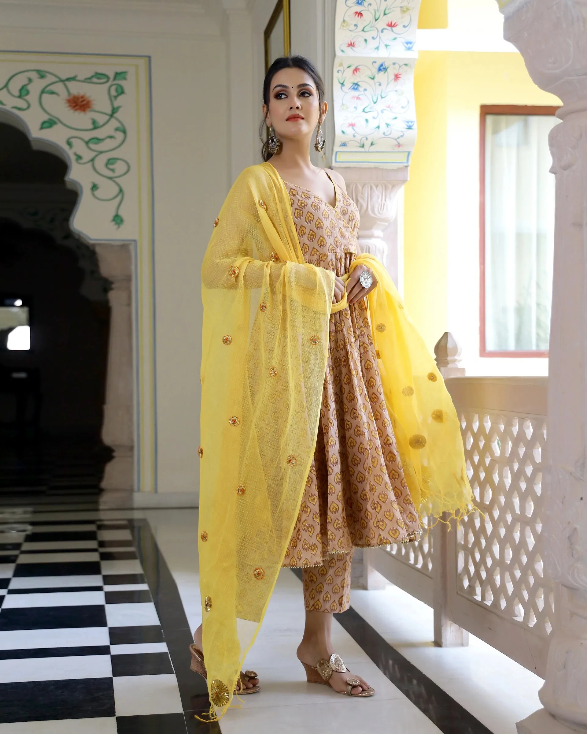 Cotton Yellow & Honey Sleeveless Hand Block Print Anarkali Kurta Set