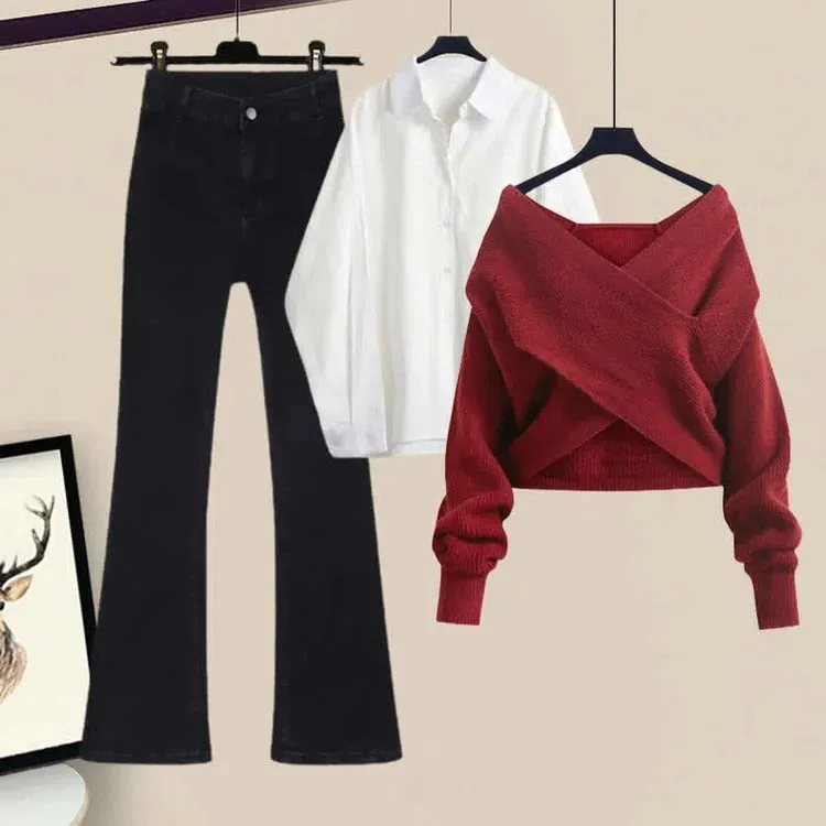 Cross Knit Sweater Shirt Flared Jeans Three Piece Set