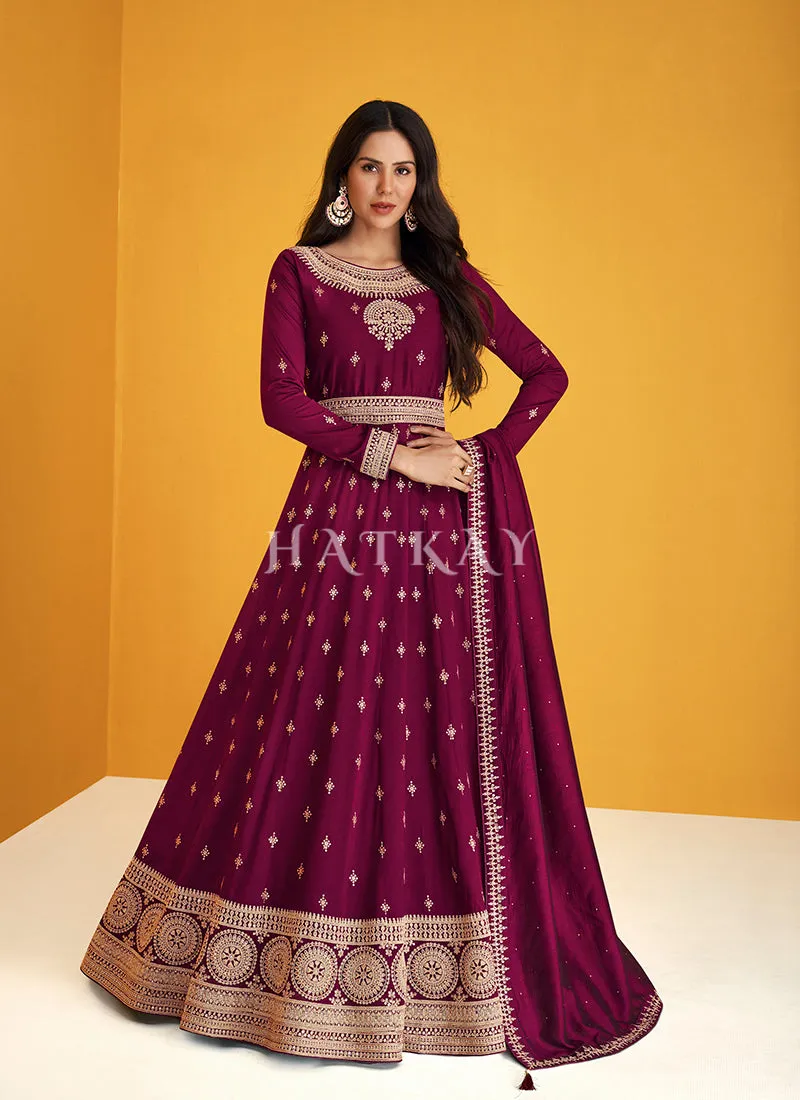 Deep Wine Embroidered Silk Traditional Anarkali Suit