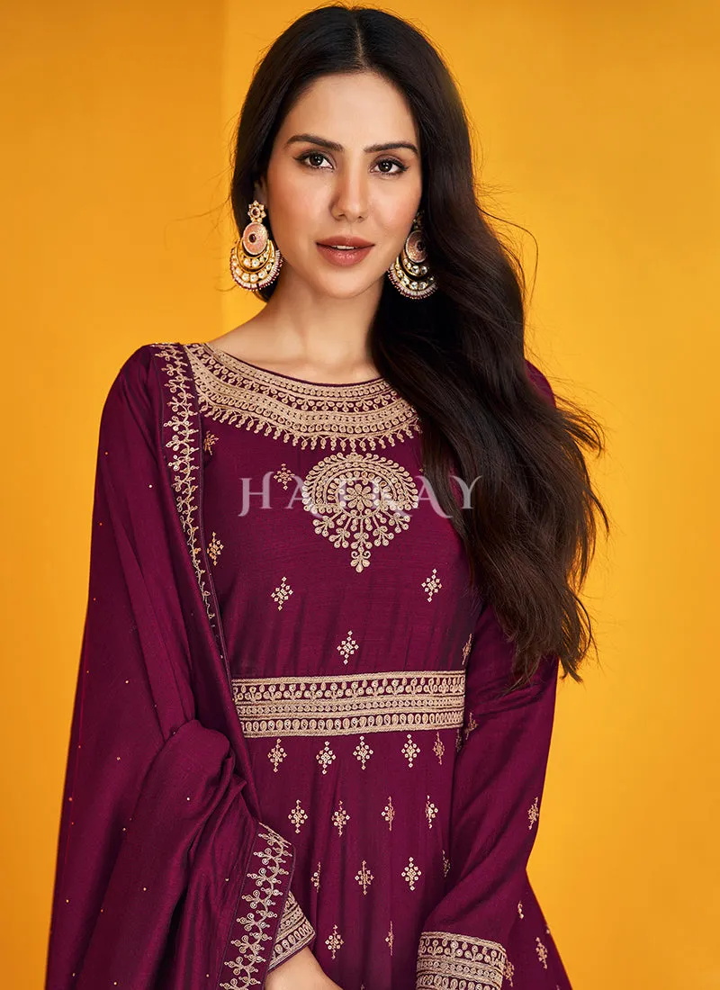 Deep Wine Embroidered Silk Traditional Anarkali Suit