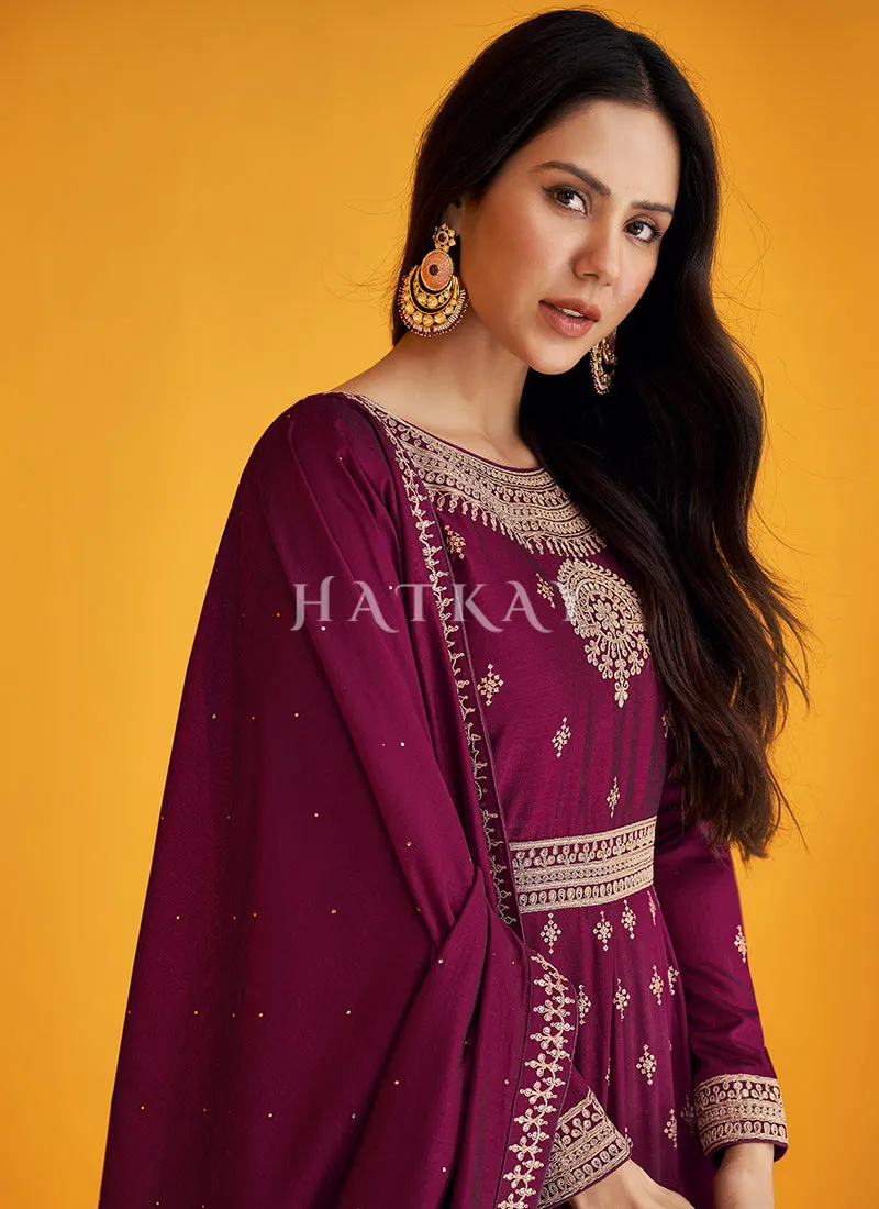 Deep Wine Embroidered Silk Traditional Anarkali Suit