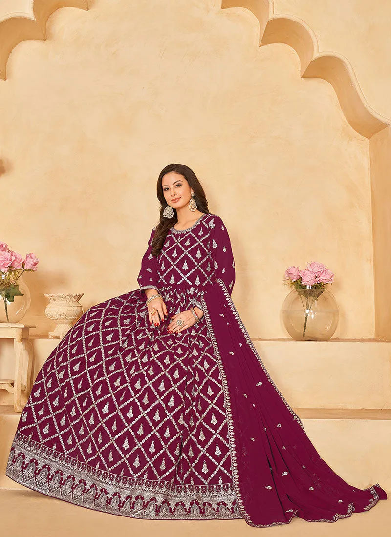 Deep Wine Embroidered Traditional Georgette Anarkali Suit