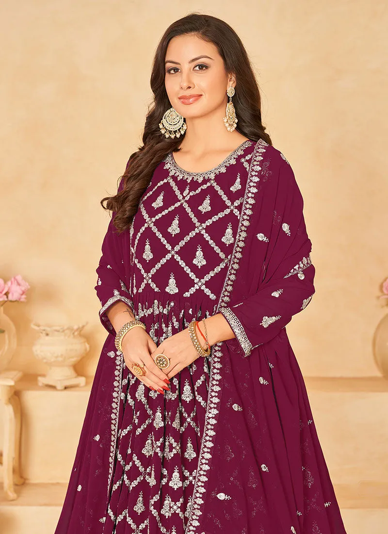 Deep Wine Embroidered Traditional Georgette Anarkali Suit