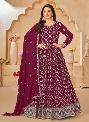 Deep Wine Embroidered Traditional Georgette Anarkali Suit