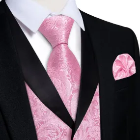 DiBanGu Baby Pink Floral Silk Shawl Collar Mens Dress Vest Tie Set