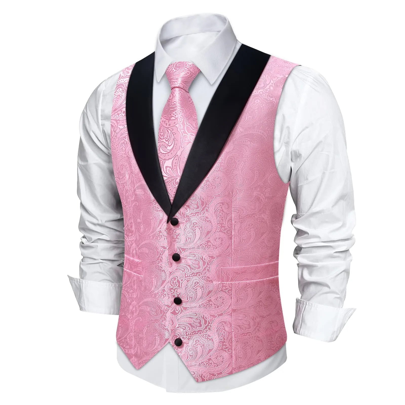 DiBanGu Baby Pink Floral Silk Shawl Collar Mens Dress Vest Tie Set