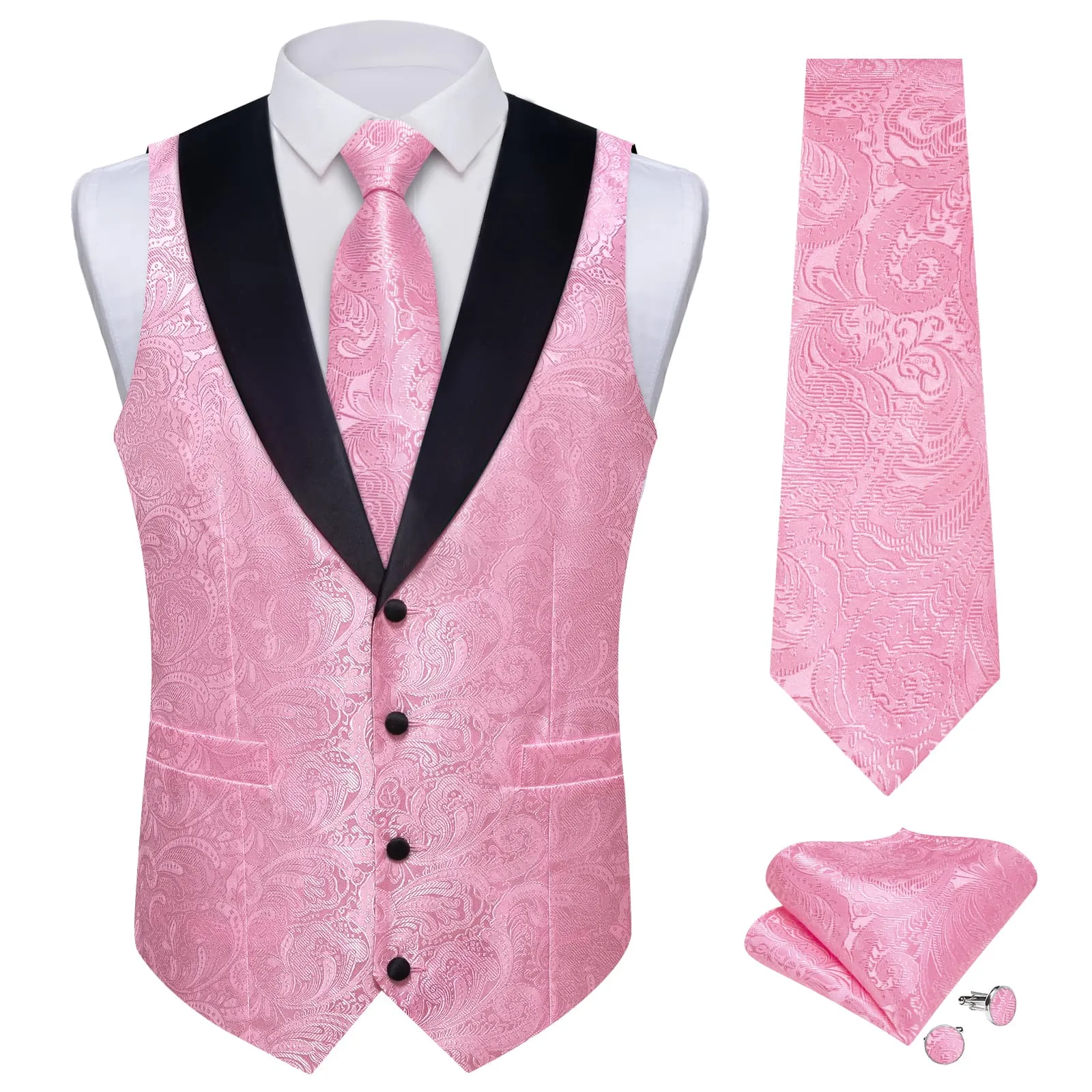 DiBanGu Baby Pink Floral Silk Shawl Collar Mens Dress Vest Tie Set