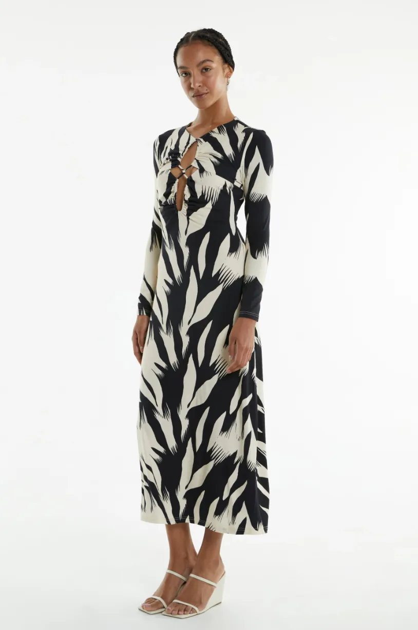 DRIFTER LS MIDI DRESS - FEATHER PRINT