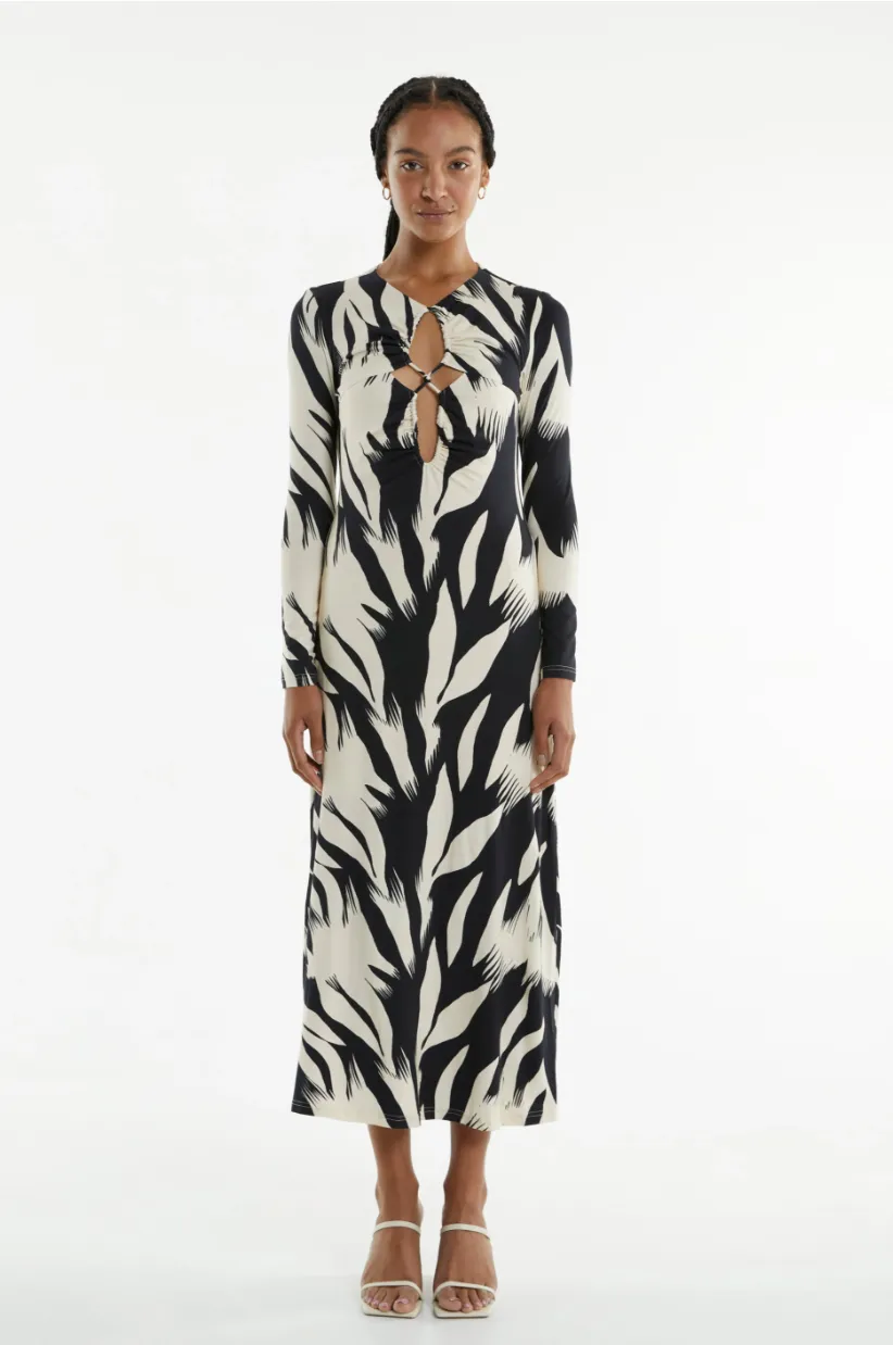 DRIFTER LS MIDI DRESS - FEATHER PRINT