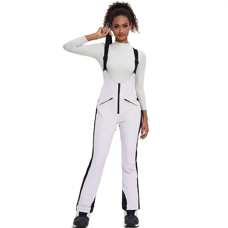 Elegant Winter Snow Bibs Pants Women High Waist Ski Overalls