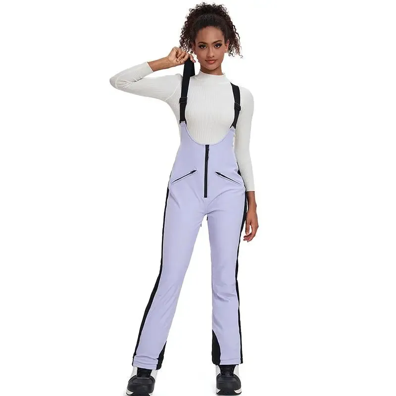 Elegant Winter Snow Bibs Pants Women High Waist Ski Overalls